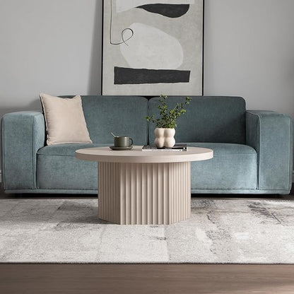 SICOTAS 32" Modern Round Coffee Table, Mid Century Fluted Coffee Table with Storage, Accent Center Table for Living Room, Small Space, Apartment, White Alder