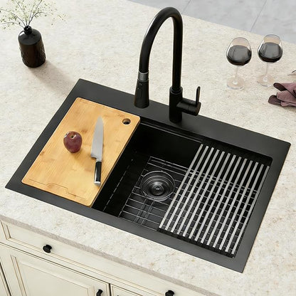 Black Drop In Kitchen Sink 33" X 22",Top Mount 16 Gauge Stainless Steel Workstation Sink,Deep & Large Single Bowl Kitchen Sinks (Black, 33" X 22")