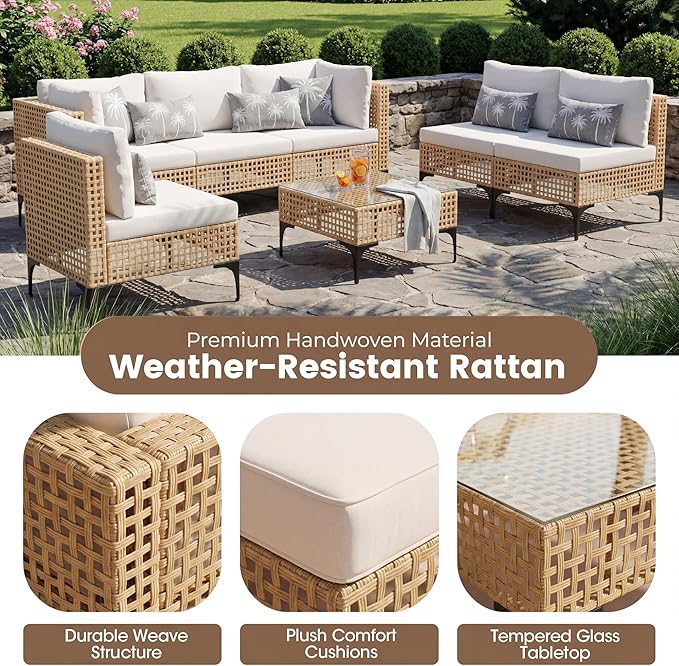 Devoko Patio Furniture Set,7 Pieces Outdoor Wicker Sectional Couch with Thick Cushions &Glass Tabletop, PE Rattan Backyard Conversation Sofa with Coffee Table for Deck, Porch