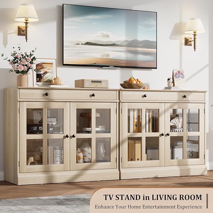 GarveeHome 35.4 in Sideboard Buffet Cabinets with Glass Door, Buffet Cabinet with Storage, Oak Sideboard Cabinet with Drawer, Modern Buffets & Sideboards for Dining Room, Kitchen