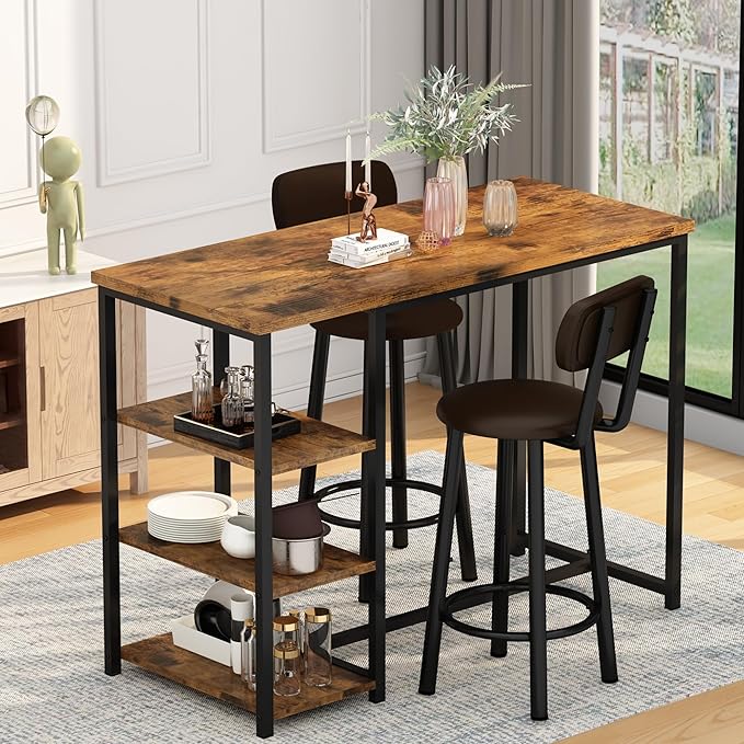 DKLGG Dining Table Set for 2, Counter Height Bar Table Set with Storage ＆ Stools, High Top Pub Table and Chairs for Kitchen, Dining Room, Sofa Side, Apartment, Breakfast Nook, Brown