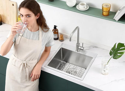 MENATT 18x18 Inch Drop in Kitchen Sink, 304 Stainless Steel Single Bowl Small Sink with X-Shape Drain Groove & Bottom Grid Mat, 9” Deep Bar Sink for Compact Kitchen, Wet Bar, RV, Apartment