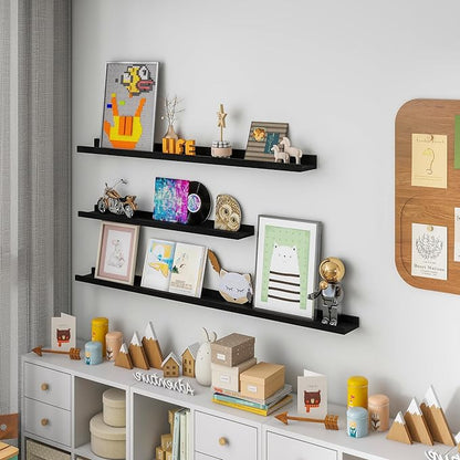 Picture Ledge Shelf for Wall, 24 inch Solid Pine Wood Nursery Book Shelves 2 Packs, Floating Ledge Shelves for Kids' Room Bedroom Bathroom Living Room Photo Frames Office Nursey Wall Decor, Black