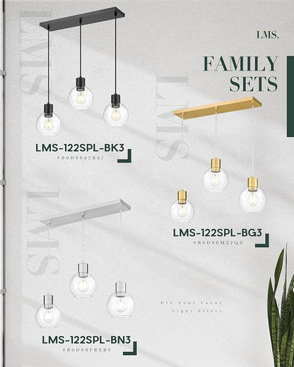 LMS 3-Light Island Lights, Matte Black Dining Room Over Table Hanging Linear Chandeliers, Farmhouse Chandeliers for Kitchen Island Pendant Light Fixtures with Clear Globe Glass Shade, LMS-122SPL-BK3