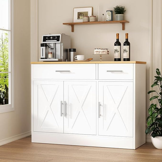 Shintenchi 3 Doors Farmhouse Sideboard Buffet Cabinet,42" Barn Doors Buffet with Storage,Wood Coffee Bar Cabinet with Adjustable Shelf for Kitchen,Living Room,White