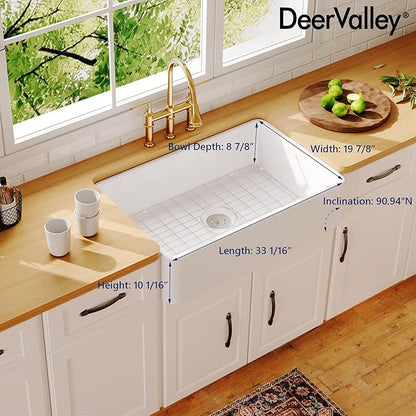 DeerValley Farmhouse Kitchen Sink 33 Inch, Fireclay White Undermount Kitchen Sink, Ceramic Apron-Front Deep Single Bowl with Stainless Steel Grid & Drain