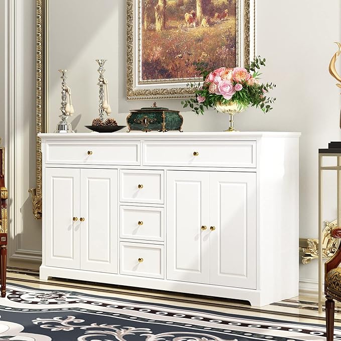 ECACAD Sideboard Buffet Cabinet with 4 Storage Compartments & 5 Drawers, Kitchen Console Table Storage Cabinet Coffee Bar for Living Room, Hallway, White