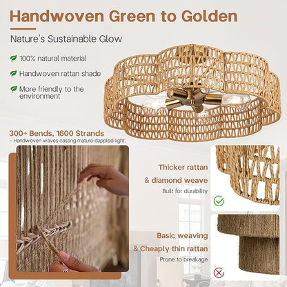 24” Boho Rattan Ceiling Light Fixture, Hand-Woven Wicker Flush Mount Chandelier, Rustic Coastal Scalloped Gold Base Semi Flush Lighting for Bedroom, Dining Room, Kitchen, Foyer, Living Room