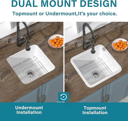 Small Undermount Bar Sink White 18 x 18 Inch, 9" Height Topmount Fireclay Kitchen Sink Drop In Single Bowl, Dual Mount Heavy Duty, w Accessory 2 Types, White, for Kitchen, Outdoor