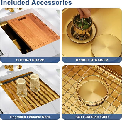 Gold Bar Sink Undermount,Small Bar & Prep Sinks,16 gauge Stainless Steel Bar Sink with Workstation for Wet Bar Area,Special Offset Drain Design (16" X 18")