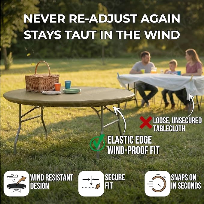 Kwik-Covers 10 Pack of Round Plastic Table Covers - 60" or 72" Round - Indoor or Outdoor Fitted Covers (Tables NOT Included) (Metallic Gold, 60" Round)