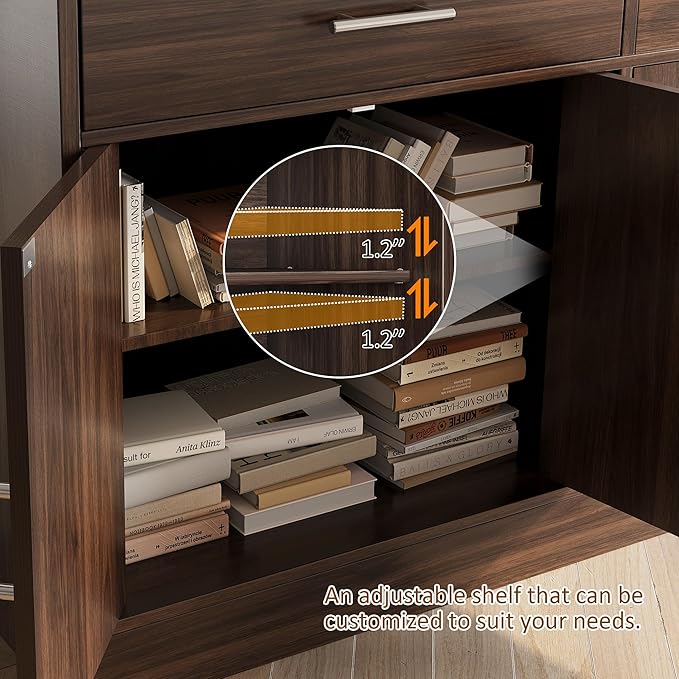 Vongrasig Sideboard Buffet Cabinet with Storage, 43” Farmhouse Coffee Bar Storage Cabinet with Drawers and Shelves, Modern Buffet Table for Kitchen, Dining Room, Rustic Brown