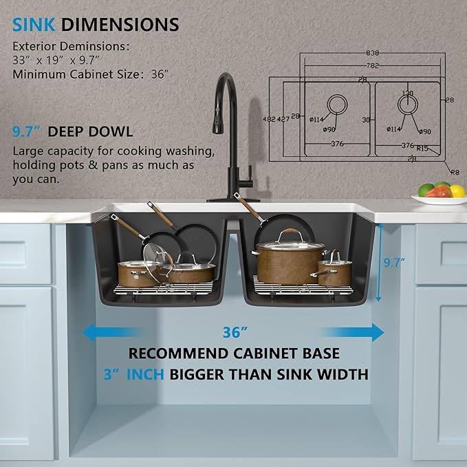33 Granite Composite Kitchen Sink Double Bowl - Fulorni 33"×19" Granite Kitchen Sink Black Undermount Double Bowl 50/50 Matte Black Quartz Classic Composite Under Counter Sink Basin