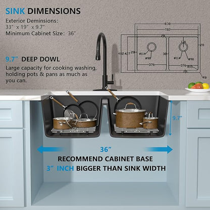 33 Granite Composite Kitchen Sink Double Bowl - Fulorni 33"×19" Granite Kitchen Sink Black Undermount Double Bowl 50/50 Matte Black Quartz Classic Composite Under Counter Sink Basin