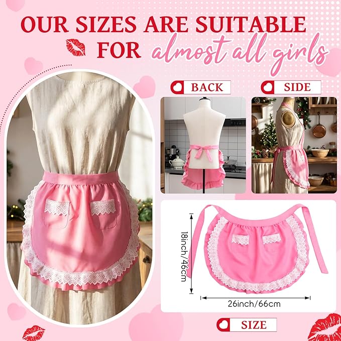 Geyoga valentine Waist Aprons for Women with Pockets Pink Kitchen Cooking Maid Apron Vintage Skirt Cute Ruffle Dress Costume