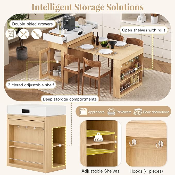 Extendable Dining Table with Folding Tabletop, Bar Table with Drawers and Power Outlet, Kitchen Island with Wheels and Hooks for Kitchen, Dining Room, Natural+Creamy White