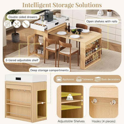 Extendable Dining Table with Folding Tabletop, Bar Table with Drawers and Power Outlet, Kitchen Island with Wheels and Hooks for Kitchen, Dining Room, Natural+Creamy White