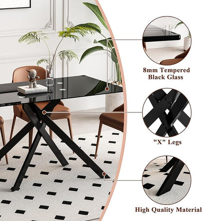 51inch Modern Dining Table for 4, Glass Kitchen Dining Room Table for 4, 0.32" Tempered Glass Tabletop and Black Metal Legs,Rectangle Black Glass Tables for Kitchen, Dining Room