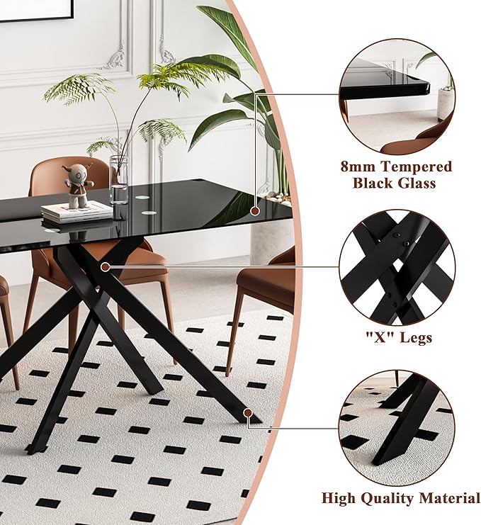 51" Rectangle Dining Table for 4 5 6 People, Modern Dining Room Tables with Black Chrome Metal X-Shaped Legs, Black Glass Dining Table Large Kitchen Table Family Dinner Table for Home Office