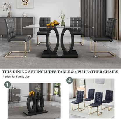 5-Piece Glass Dining Table Set, 63" Black Kitchen Table with O-Shape MDF Base, Dining Room Set for 4 with 4 Leather Upholstered Chair for Kitchen, Dining Room (Black,Gold)