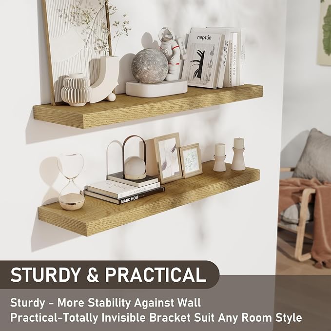 Fun Memories 36 Inch Floating Shelves, Wall Shelves Set of 2 for Bathroom/Living Room/Bedroom/Kitchen, Wall Mounted Floating Shelf for Home Decor with Invisible Brackets, Oak