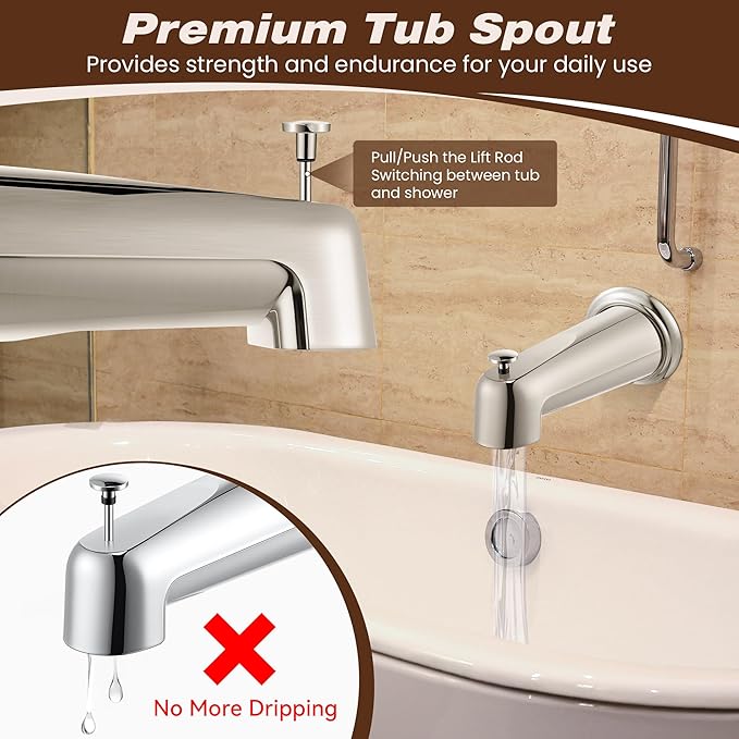 Dreyoo 7 Inch Tub Spout (Universal Fits 1/2" Copper Pipe, 1/2" IPS and 3/4" IPS), Bathroom Bathtub Faucet with Adapters and Hex Wrench(Brushed Nickel,With Diverter)