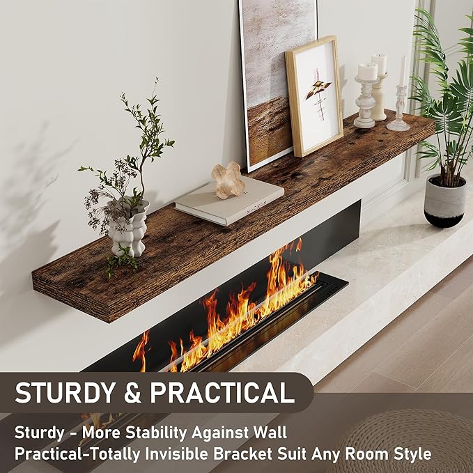 Fun Memories 55 Inch Long Floating Shelves for Wall, 8" Deep Floating Shelves for Bathroom Living Room Bedroom, Rustic Wall Mounted Shelf with Invisible Heavy-Duty Bracket, Set of 2, Rustic Brown
