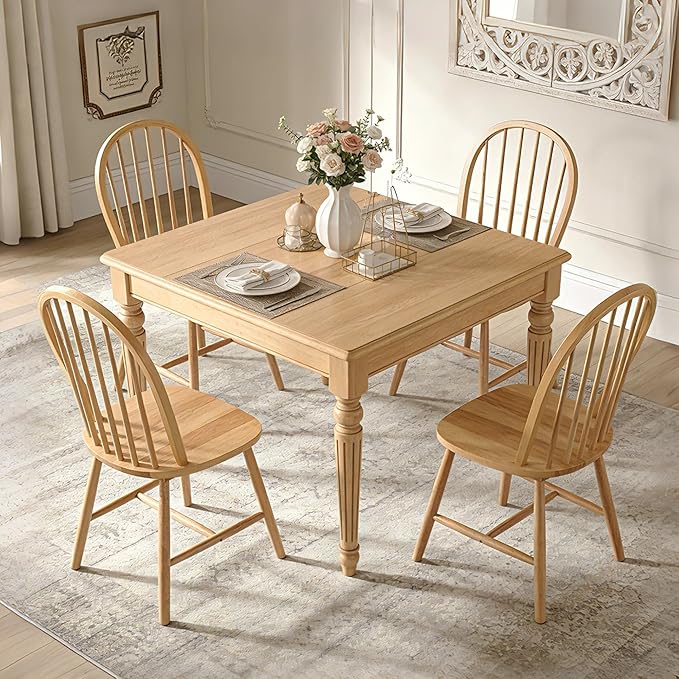 chairus Farmhouse Natural Dining Chairs Set of 4, Windsor Wooden Dining Room Chairs with Spindle Bow Back, Modern Cottage Armless Side Kitchen Chairs