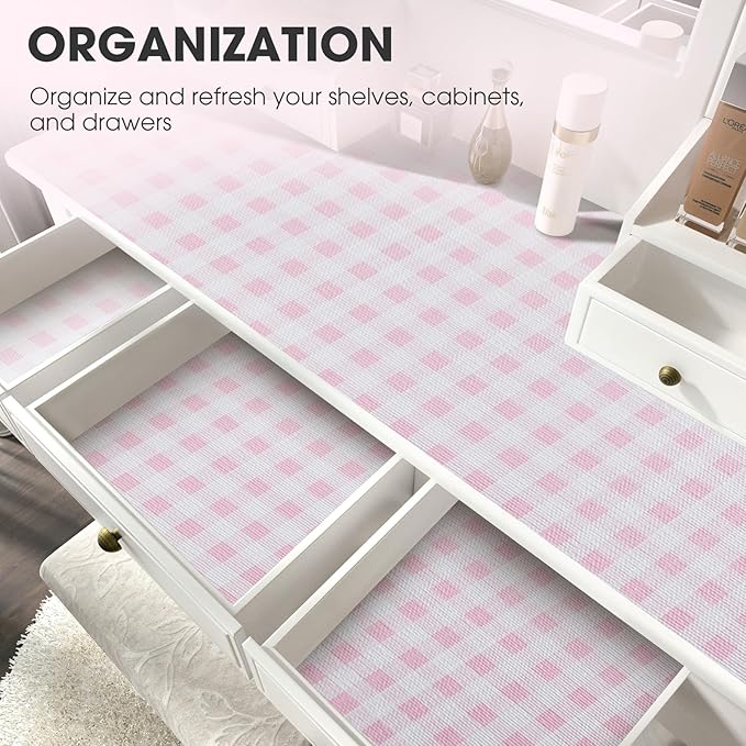 Drawer and Shelf Liner, Non-Slip Kitchen Cabinet Liners Non-Adhesive Thick Strong Grip Waterproof Washable Mats Protect Dresser Shelves Cupboard Bathroom Cabinets, Pink Plaid, 18 in X 10 FT