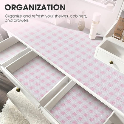 Drawer and Shelf Liner, Non-Slip Kitchen Cabinet Liners Non-Adhesive Thick Strong Grip Waterproof Washable Mats Protect Dresser Shelves Cupboard Bathroom Cabinets, Pink Plaid, 18 in X 10 FT