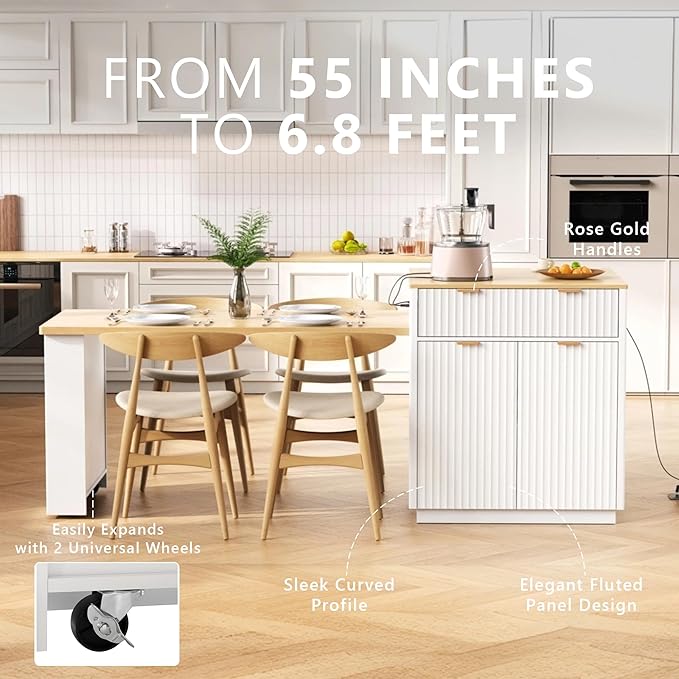 Polibi 82.6" Fluted Kitchen Island with Extendable Dining Table, for 4-6 Seating, Power Outlet (AC/USB/C), Double-Side Storage, 2 Drawers & Side Open Shelves, White