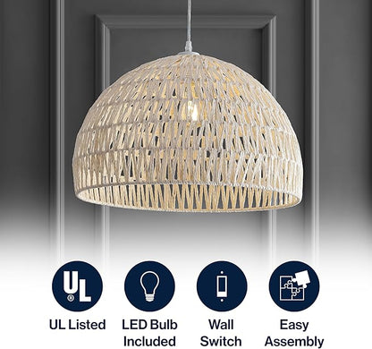 JONATHAN Y 20" Cream Modern Bohemian Woven Rope LED Pendant Light Fixture, Adjustable Dome Ceiling Lamp for Kitchen Island, Rope Shade, Coastal Farmhouse Decor JYL6504A