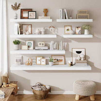 Fun Memories 12 Inch Deep Floating Shelves for Wall, 30 Inch Long Floating Shelf, 30 x 12 Shelf for Wall, Rustic Wood Bookshelves, Hanging Shelves for Bathroom Kitchen Bedroom, White, Set of 2