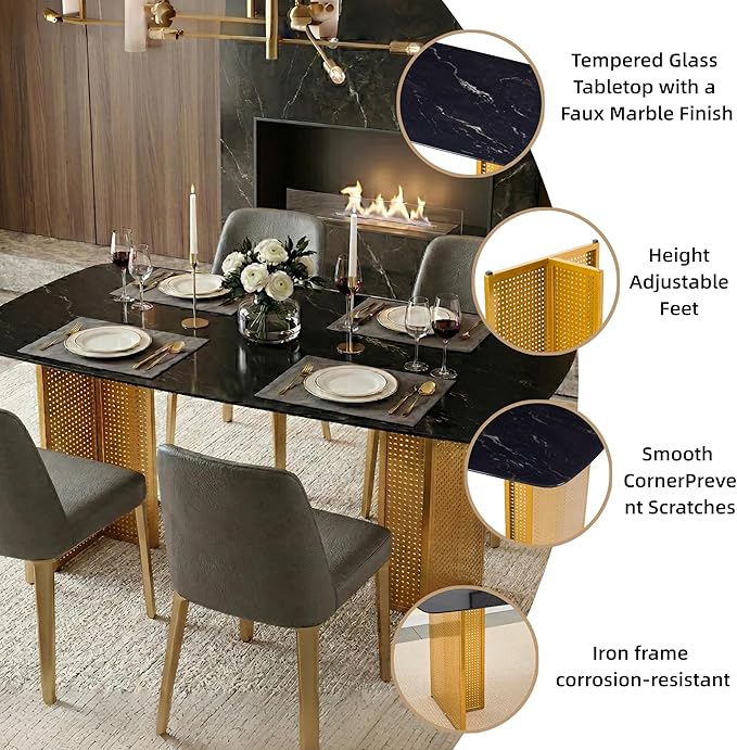 51" Black Marble Dining Table, 4-6 Person Modern Kitchen Dining Room Tables with Marble Pattern Tempered Glass Top and Golden Hollow-Out Metal Base, Space Saving Rectangle Dinner Table for Home