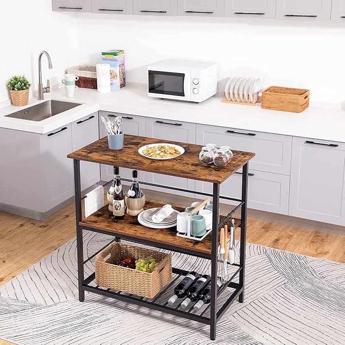 HOOBRO Bar Table Set and Kitchen Island, 47.2” Bar Table and 2 Bar Stools, Kitchen Counter with Hooks and Protective Rails for Kitchen, Living Room, Dining Room, Rustic Brown BF52BT01-BF02ZD01