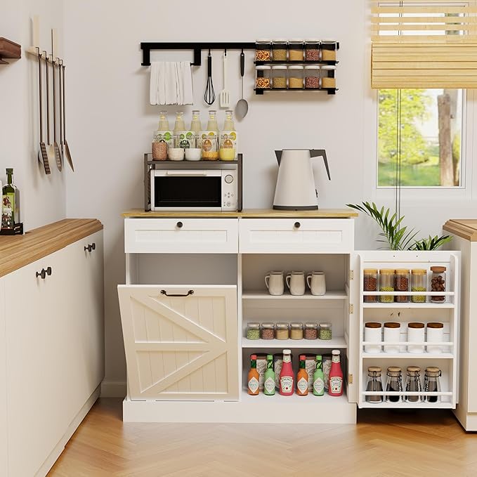 Ball & Cast Kitchen Trash Can Storage Cabinet with 2 Drawers & 1 Tilt Out Trash Cabinet & 1 Door with Storage Rack & 2 Shelves,Wooden Trash Can for Kitchen, Bathroom and Living Room