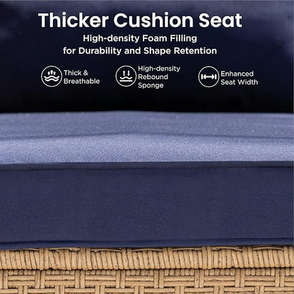 PHI VILLA Wicker Patio Furniture Set, Outdoor Sectional Couch with Cushions and Acacia Wood Coffee Table, U-Shaped Patio Conversation Set for Deck or Porch, 6 Seats, Navy Blue