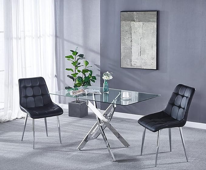 51" Glass Dining Table for 4, Contemporary Rectangular Dining Room Table with Tempered Glass Top & Silver Finish Stainless Steel Legs, Modern Kitchen Table for Home Office