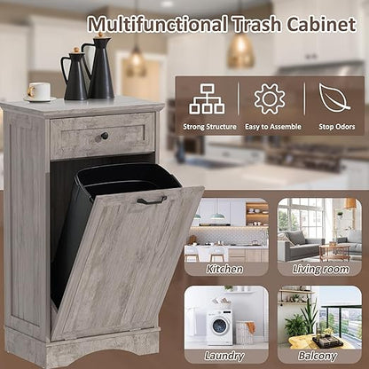 13 Gallons Tilt Out Trash Cabinet Freestanding Kitchen Trash Bin Cabinet Wood Garbage Recycling Cabinet with Hideaway Drawer Pet Proof Trash Can Holder for Kitchen Living Room, Grey