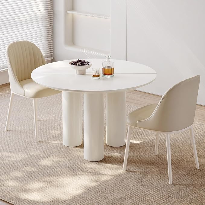 Miuuod 46" White Round Dining Table with 2 Cushion Chairs, with Space Saving Sturdy Leg for 2-6 People,Center Table Suitable Kitchen,Balcony or Living Room,Coffee Side Table