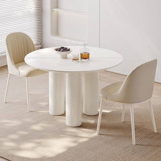 Miuuod 46" White Round Dining Table with 2 Cushion Chairs, with Space Saving Sturdy Leg for 2-6 People,Center Table Suitable Kitchen,Balcony or Living Room,Coffee Side Table