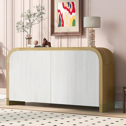 Merax Sideboard Buffet Cabinet with Storage Adjustable Shelves & Unique Curved Corner, Wavy Door Panel Accent Wood Console Table for Coffee Bar, Living Room and Entrance, Easy Assembly, White