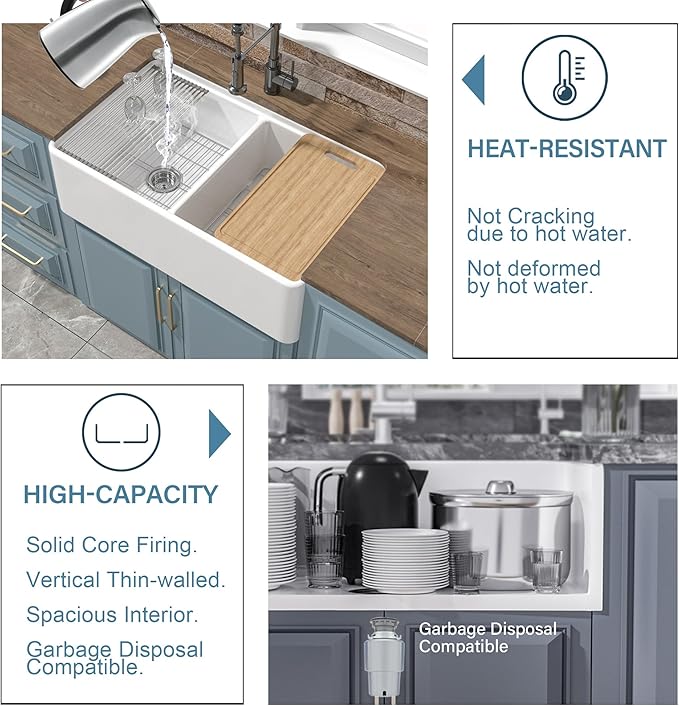 Double Bowl Farmhouse Sink Workstation White 33 x 20 Inch, Firecaly Apron Front Undermount Farm Sink Reversible(Sleek & Fluted Optional), Heavy-duty Dual Basin 50/50, for Kitchen