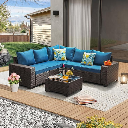 JOYURE 6 Pieces Patio Furniture Set All-Weather Outdoor Wicker Sectional Conversation Sofa Rattan Patio Seating Sofa with Cushion and Glass Table for Porch Poolside,Peacock Blue