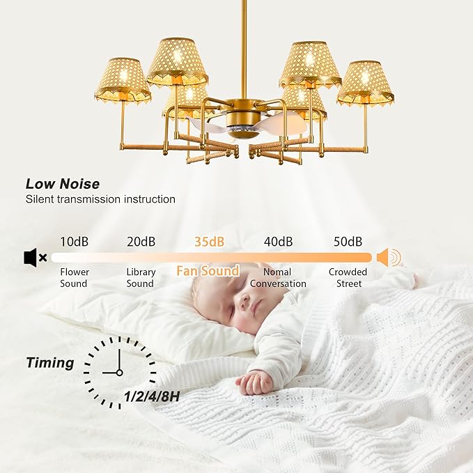 Garwarm 37.4" Ceiling Fans with Lights,Chandelier Ceiling Fan Boho Rattan Fandelier Ceiling Fan with Lights Remote Control for Kitchen Island Dining Living Room