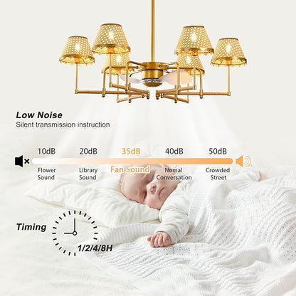 Garwarm 37.4" Ceiling Fans with Lights,Chandelier Ceiling Fan Boho Rattan Fandelier Ceiling Fan with Lights Remote Control for Kitchen Island Dining Living Room