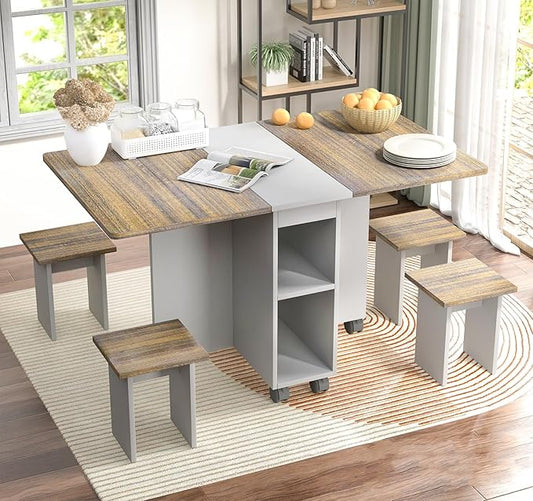 5 Pieces Folding Extendable Dining Table Set with 4 Chair Stool, 55 Inches Drop Leaf Wood Kitchen Dining Room Table Set with Storage and Wheels for Small Space, Grey Brown