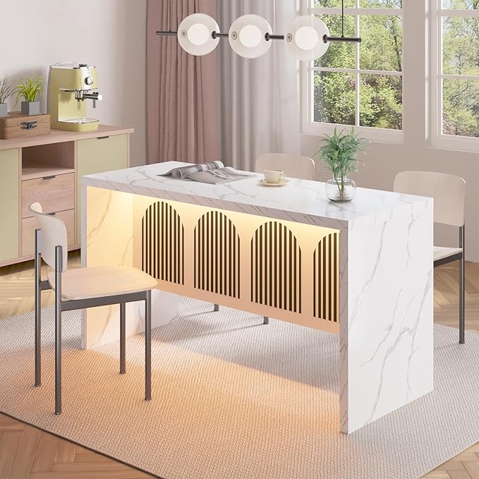 59" Large Imitation Marble Dining Table for 4-6 People - Faux Marble Dining Tablee with Adjustable Lights,Faux Marble Dining Table with Grille Design for Kitchen, Dining Room & Living Room,No Chairs