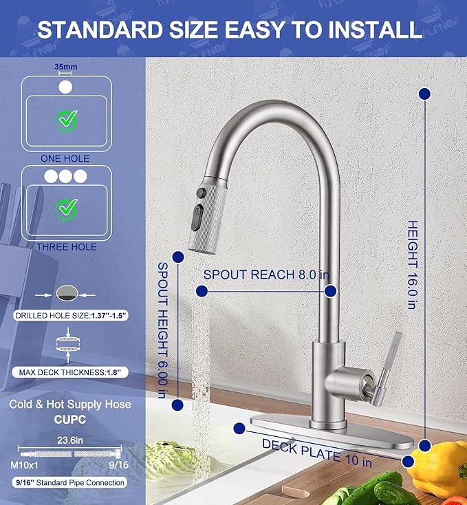 Brushed Nickel Kitchen Sink Faucet with Pull Down Sprayer- High Arc Stainless Steel Single Handle, 3-Spray Mode Metal Head for RV Camper Farm, Fit for 1 or 3 Hole with 10'' Deck Plate