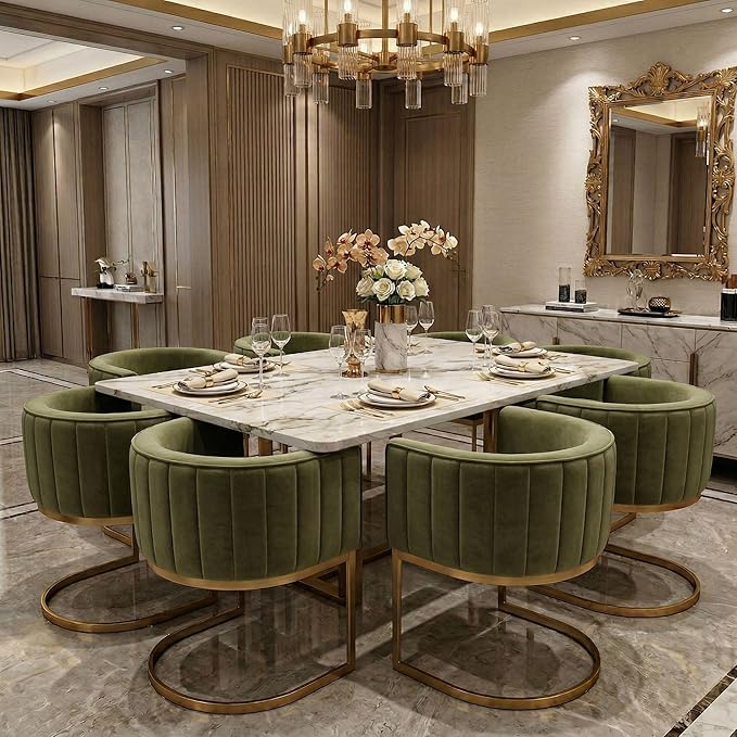Hyfirm Olive Green and Gold Modern Barrel Dining Chairs Set of 2, Velvet Upholstered Accent Chairs with Curved Back for Kitchen Island, Luxury Comfort Seating Cantilever Metal Frame
